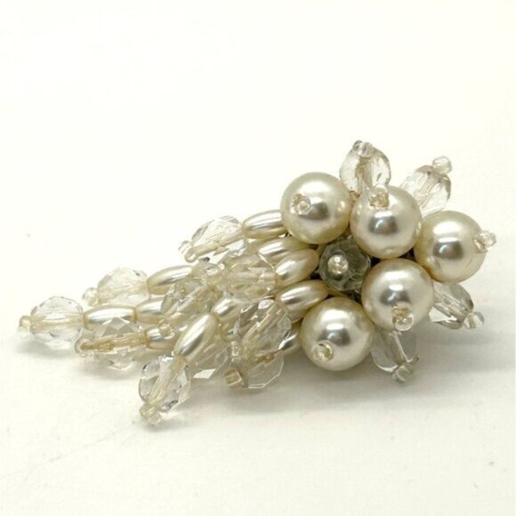 Vintage Clip-On Earrings Faux Pearls & Beaded Bridal Prom Formal Jewelry - Picture 4 of 16